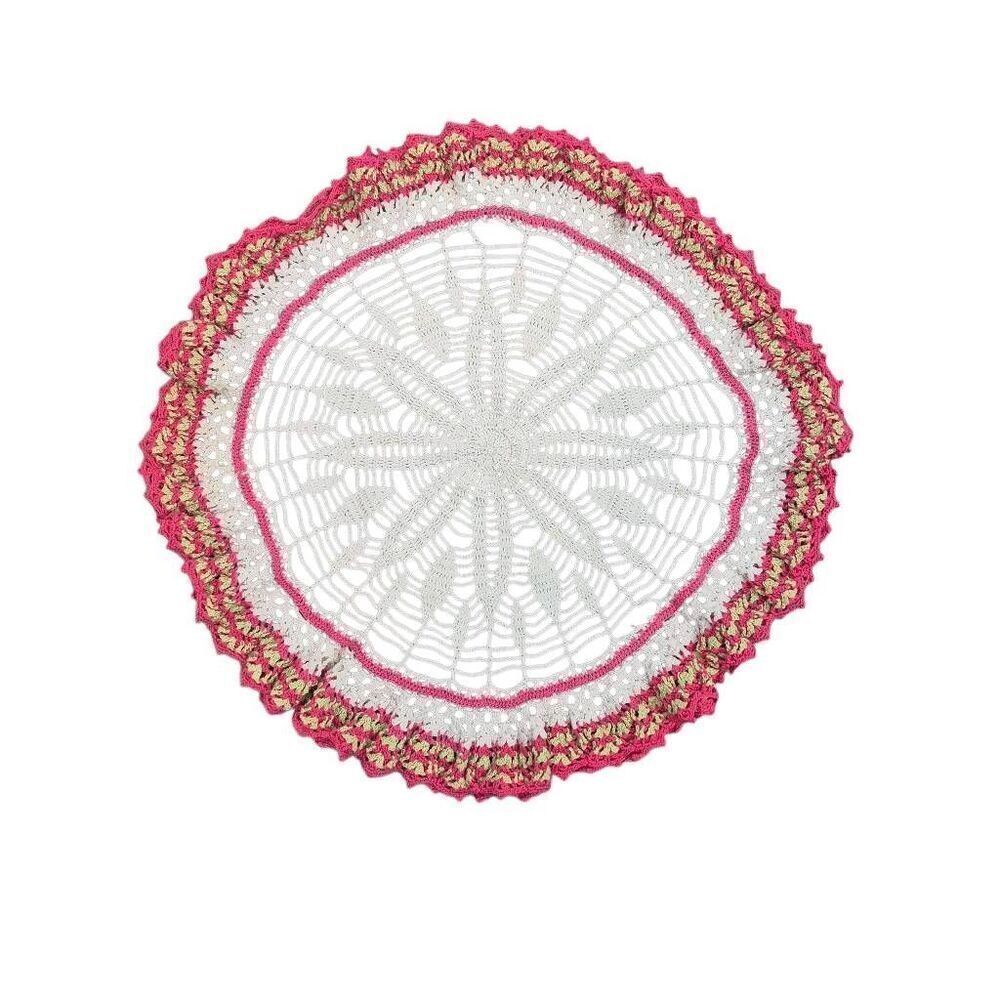 Crochet, Vintage Cotton White/Hot Pink/Green 21" Ruffled Doily, Handmade